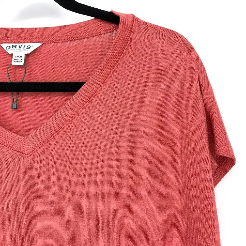 Orvis V-Neck Short Sleeve T-Shirt Womens Size Small Coral Orange Pink